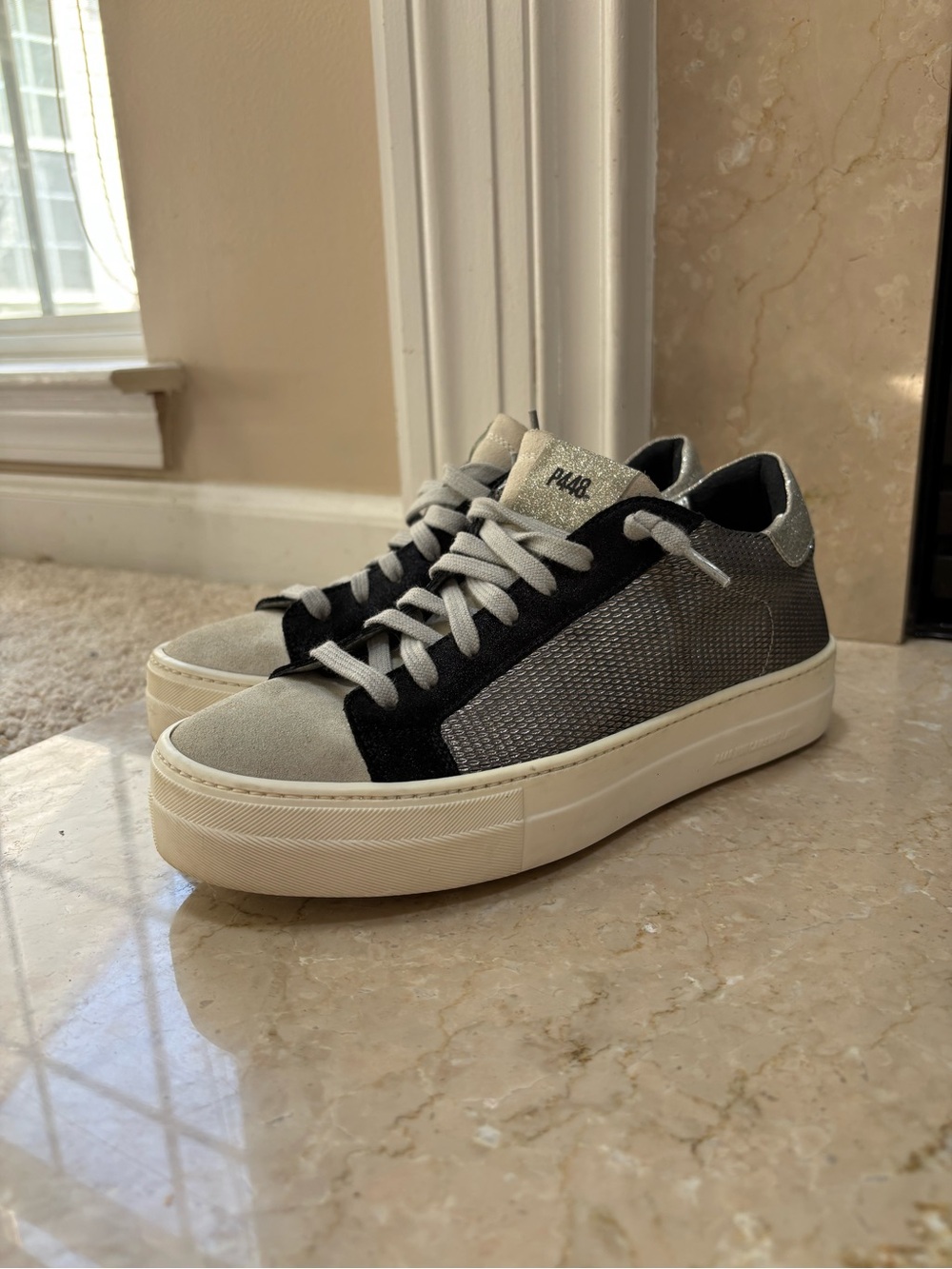 P448 You Can Surf Later Thea Low Top Black/Grey Glitter Sneakers, Size 38/US 8